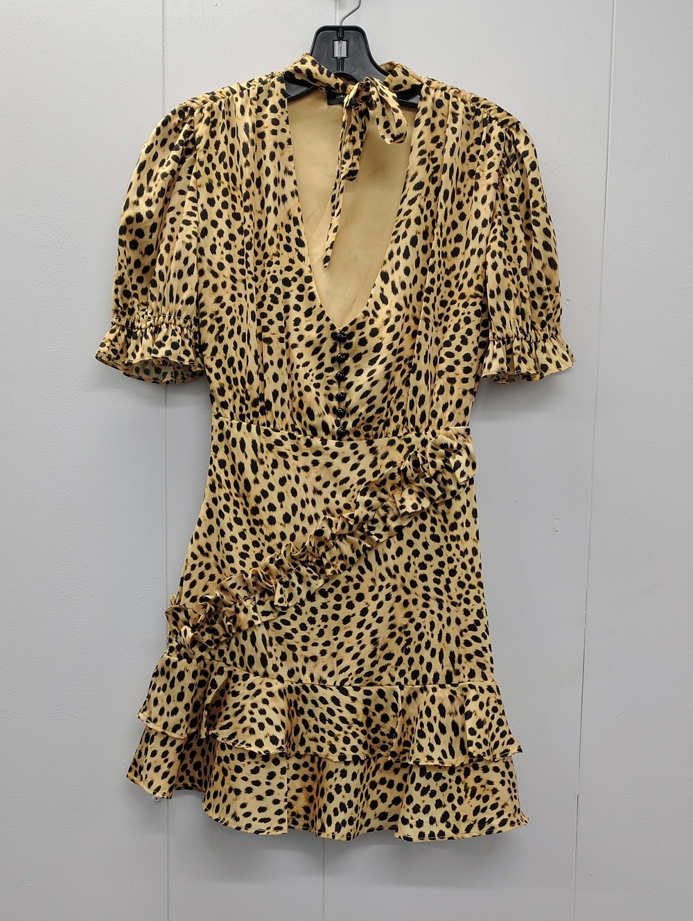 MAJORELLE Leopard Print Ruffle Short Sleeve Mini Dress Gold & Black Size XXS